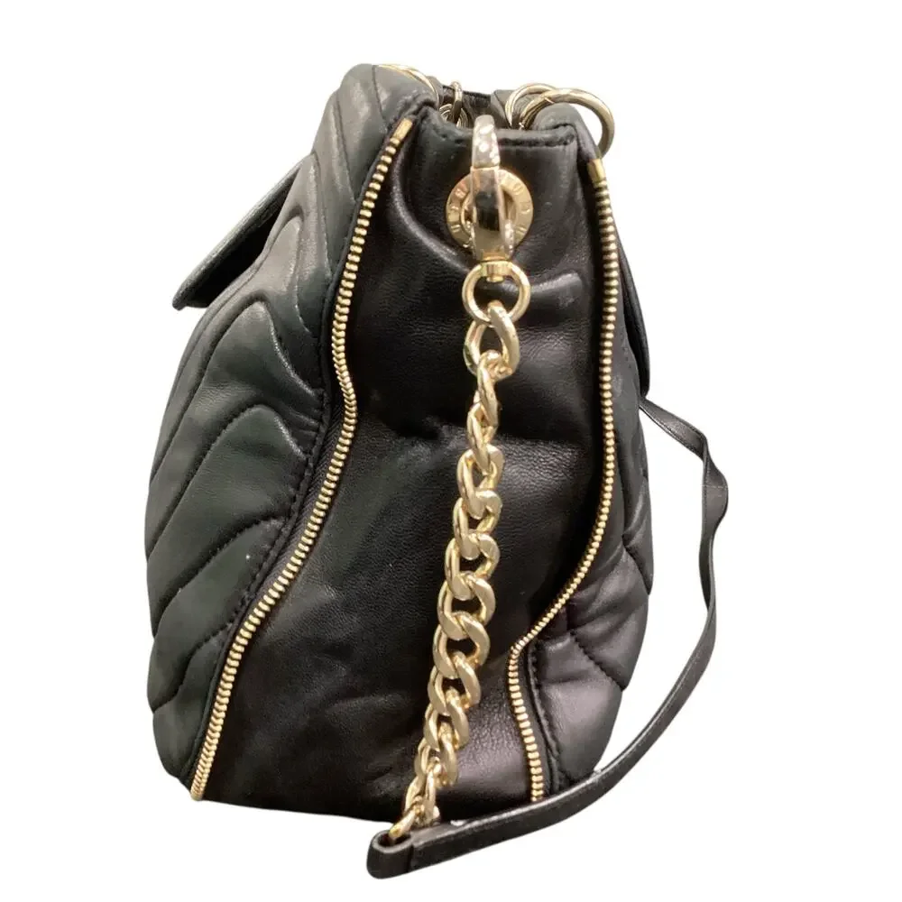 henri bendel Black Quilted Leather Shoulder Bag with Gold Hardware